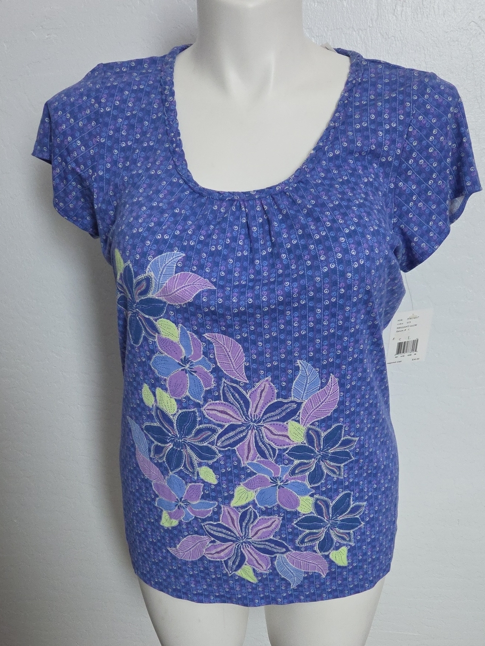 Women's Blue Floral Scoop-Neck Short Sleeve Top